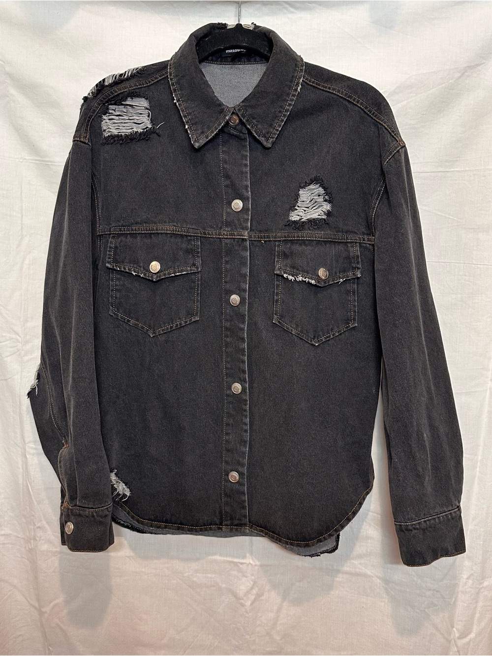 Mittoshop Black Distressed Oversized Denim Jacket Shacket Size Small